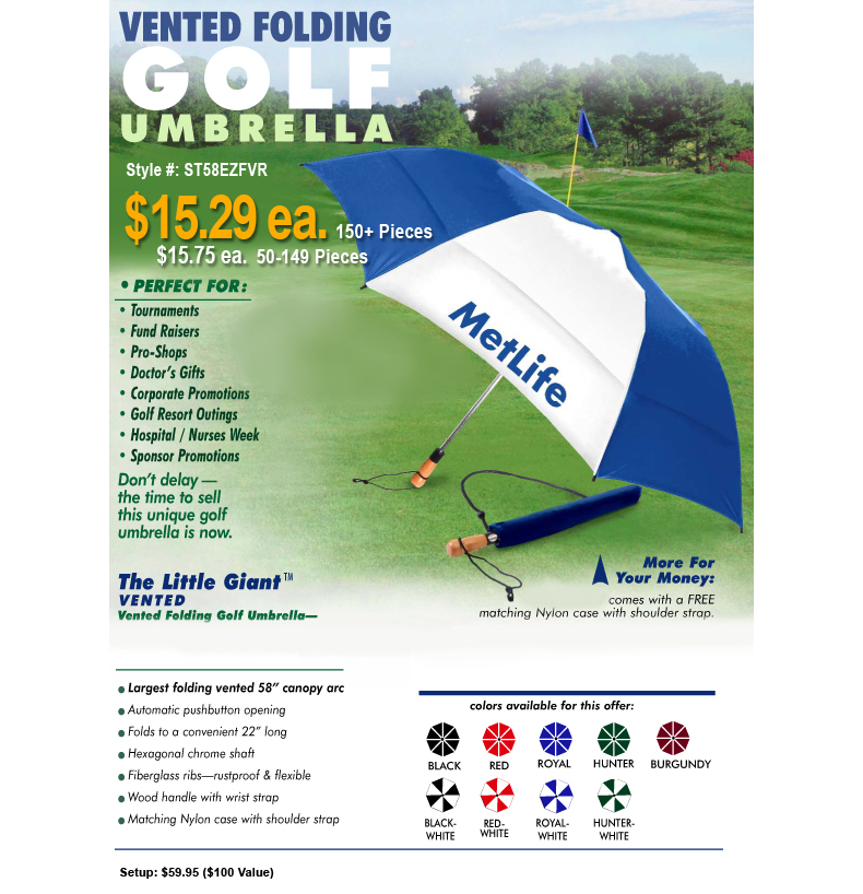 58" Vented Golf Umbrella Folds to 22 inches